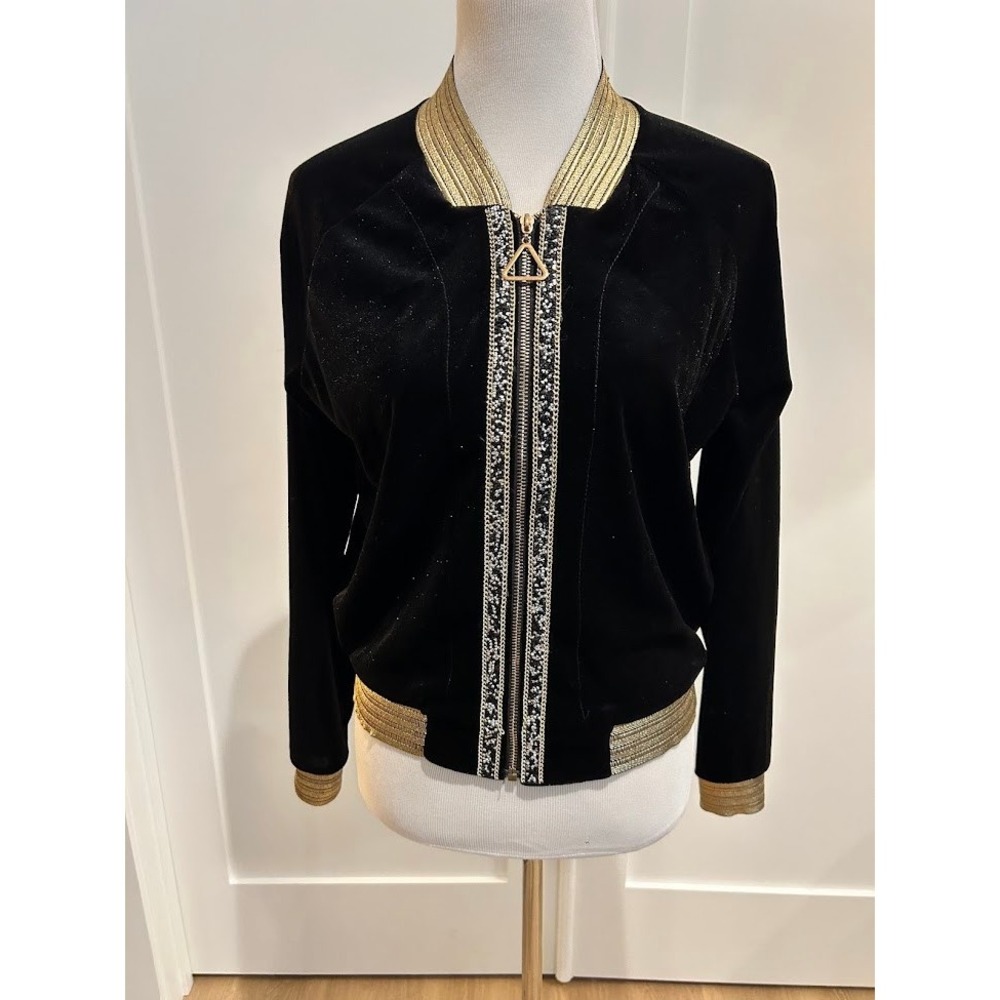 Black‎ Velour Gold Trim 1990's Jacket Women's Streetwear Statement Piece